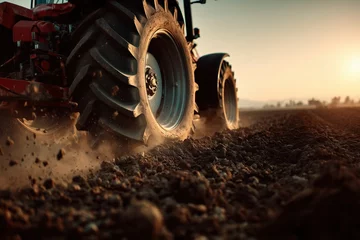 Fotobehang Tractor Red tractor plowing dark soil in a large agricultural field during sunset hours  © nik_yurginson