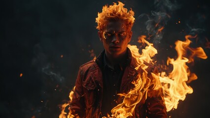 Person Surrounded by Flames with Fiery Hair and Intense Gaze