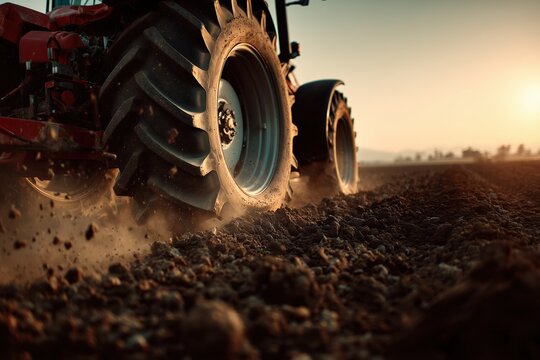 Fototapeta Red tractor plowing dark soil in a large agricultural field during sunset hours