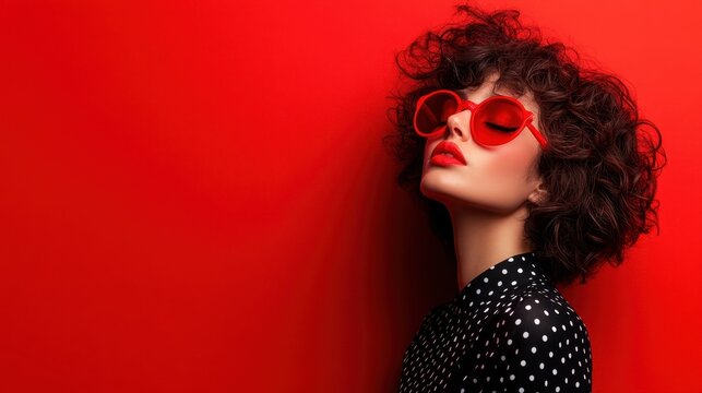 A fashionable model poses confidently in bold red sunglasses against a striking red background, blending style and audacity in an eye-catching visual statement.