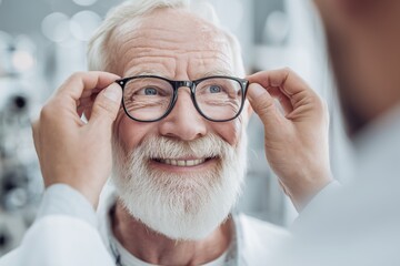 Smiling elderly man with white beard getting glasses adjusted by healthcare professional in white coat, symbolizing eye care, vision wellness, aging support, and compassionate medical service

