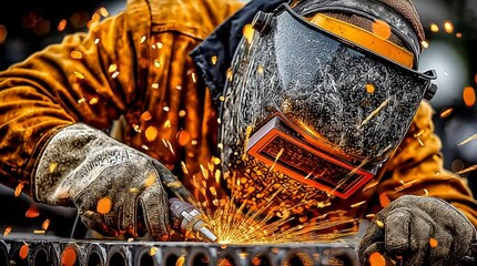 Industrial Spark: A skilled craftsperson expertly welds metal with precision, surrounded by the vibrant dance of sparks, showcasing the dedication and artistry of industrial work.