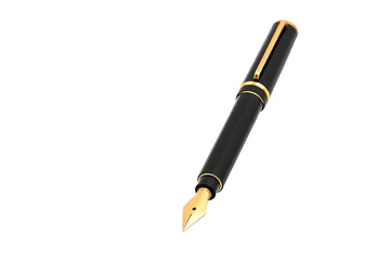 A detailed studio image showcasing a luxurious fountain pen with a gold nib against a black background.