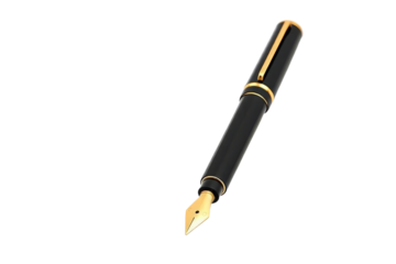 A detailed studio image showcasing a luxurious fountain pen with a gold nib against a black background.