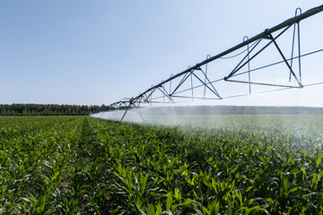 Agricultural pivot irrigation system on a corn field