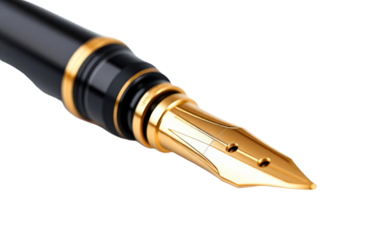 A detailed close-up showcasing the elegant gold nib of a luxurious fountain pen against a black background.