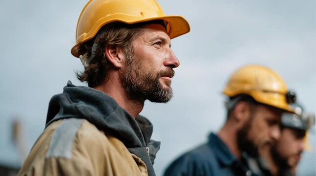 Construction Workers in Action: A stoic construction worker, eyes fixed on a task, stands alongside fellow workers, exuding strength and determination in a moment captured in a photo. 