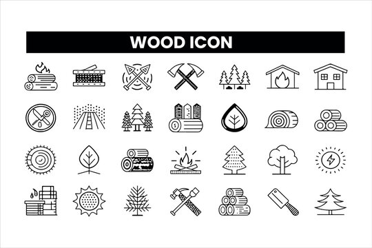Set of  outline icons related wood icon collection. Editable stroke. Vector illustration