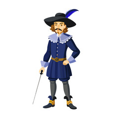 Musketeer Cartoon Character in Blue Outfit – Historical French Swordsman Illustration with Feathered Hat and Rapier for Costume, Theater, or Storybook Art