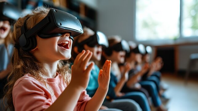 A lively scene showcasing children fully immersed in virtual reality, their excited expressions illustrating the thrill of exploring new worlds and the wonders of modern technology. - Powered by Adobe
