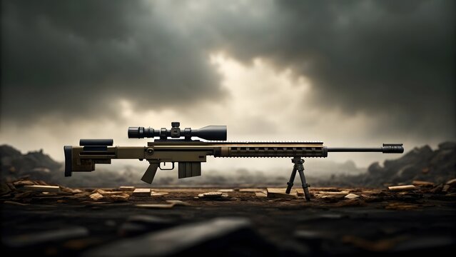 Military grade sniper rifle on battlefield