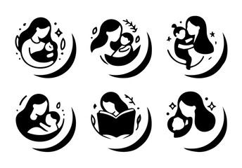 This image features six circular line art illustrations of mothers holding babies. vector logo set