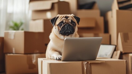 Pug dog working on laptop surrounded by moving boxes