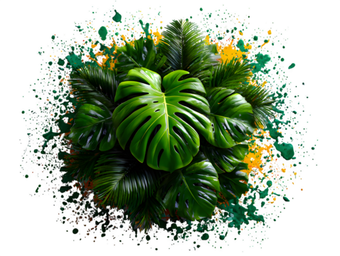 Explosion of tropical foliage: monstera, palm, banana, and ferns bursting from the center like a natural firework, styled over white background, isolated to transparent background