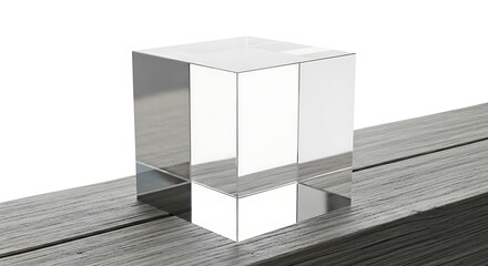 Minimalist composition featuring a clear acrylic cube on a wooden surface