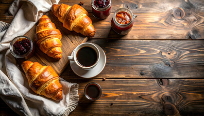 Croissants coffee and jam on a rustic wooden table.
