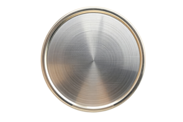 A close-up of a metallic button or dial with brushed texture and reflective surface against a black background.