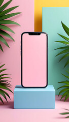 Modern smartphone mockup on pastel blue platform with pink and green tropical leaves