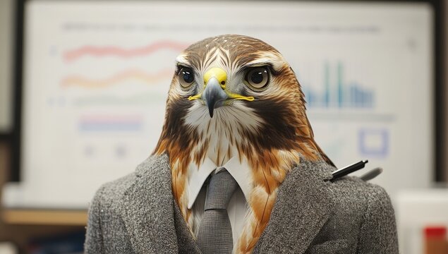 Raptor in business attire, office setting