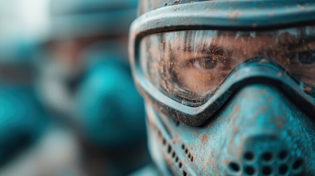 This close-up image captures the intense gaze of a paintball player wearing protective gear, presenting themes of concentration, competition, and adrenaline in sports.