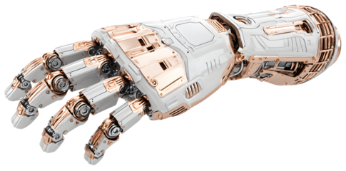 Futuristic robotic hand with mechanical fingers, isolated on transparent cutout background