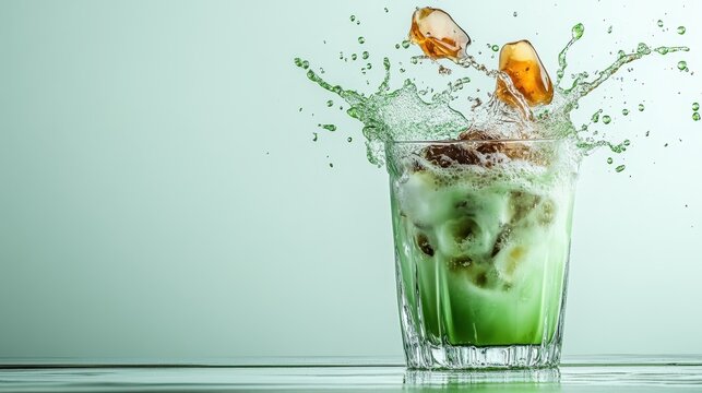 An energizing splash captures vibrant bubbles and ice cubes in a glass, conveying a sense of refreshment and excitement, ideal for summer or a lively gathering atmosphere.
