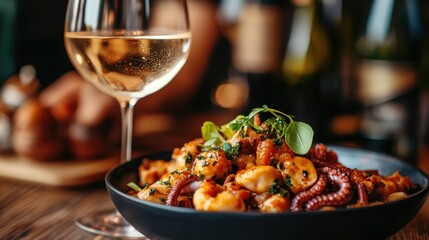 An exquisite plate of seafood featuring fresh octopus and shrimp, elegantly displayed alongside a glass of white wine, perfect for a gourmet dining experience.