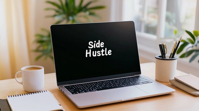 Workspace featuring a laptop with a side hustle theme in a well-lit room with plants and a coffee cup