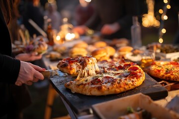 Delicious pizza party catering event with pepperoni and cheese for dinner and celebration outdoors