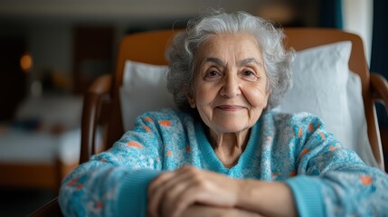 A warm portrait of an elderly woman smiling gently while resting comfortably in a chair, showcasing her serene expression and the comfort and peace of aging gracefully.