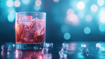 A visually appealing glass of a refreshing beverage filled with ice, surrounded by soft bokeh lights that create an ambiance of relaxation and enjoyment.