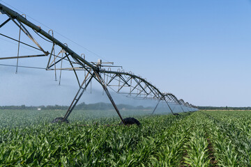 Agricultural pivot irrigation system on a corn field