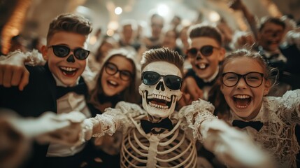 An energetic group of friends dressed for Halloween, joyfully posing with a skeleton, embodying the festive spirit and excitement of a Halloween celebration.