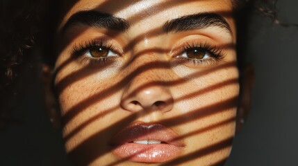 A stunning close-up of a woman’s face illuminated by soft light, showcasing intricate shadows created by blinds casting patterns across her features for a dramatic effect.