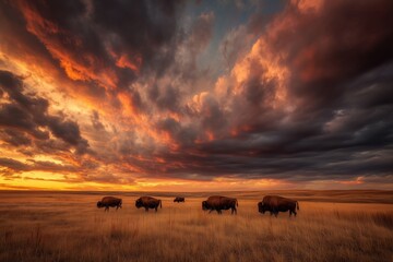 Bison herd grazes under a dramatic sky at sunset in a tranquil prairie landscape