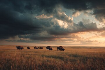 Small herd of bison grazing peacefully on the prairie during a dramatic sunset