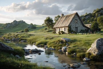 Traditional stone farmhouse nestled in a tranquil countryside landscape during golden hour