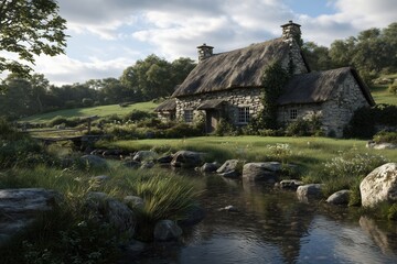 Charming traditional stone farmhouse with thatched roof by a tranquil stream in a lush rural landscape during daylight