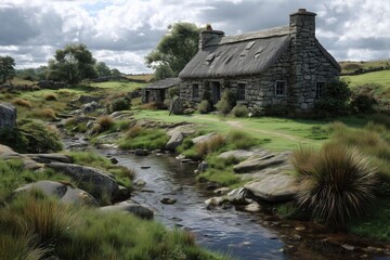 Traditional stone farmhouse nestled by a serene stream surrounded by lush greenery on a cloudy day