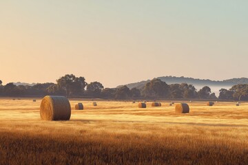 Yellow baler winding hay bales in a golden field at sunset near rolling hills