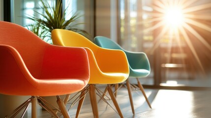 Three brightly colored chairs bask in the warm glow of sunlight, creating a cheerful and inviting atmosphere ideal for modern, stylish living spaces.