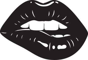 Seductive Lips Biting Illustration &ndash; Black and White Vector Art Symbolizing Flirtation, Sensuality, Passion, and Romantic Expression for Fashion or Design