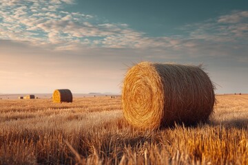 Wide shot captures yellow baler winding hay bales in golden fields during sunset in rural landscape