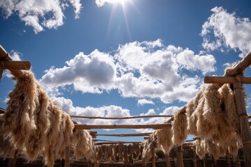 Alpaca fleeces drying under the sun on bamboo frames in a rural setting