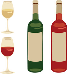Vector hand-drawn red and white wine bottles and glasses illustrations. All the elements are isolated, you could move it and change the size