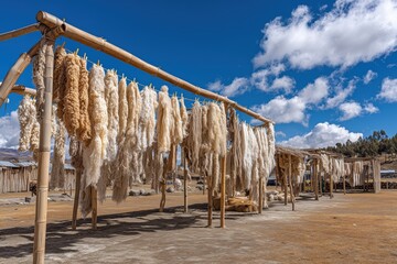 Alpaca fleeces drying on bamboo structures in a rural setting under a clear blue sky