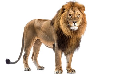 Obraz premium Regal Majesty: Striking White Background Lion Images – Majestic Mane Portraits, Powerful Roaring Profiles, Playful Cub Moments, and Graceful Savannah Stances in High-Contrast Photography for Wildlife 