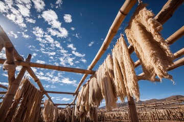 Wide shot of alpaca fleeces drying on bamboo structures under a clear blue sky in Peru