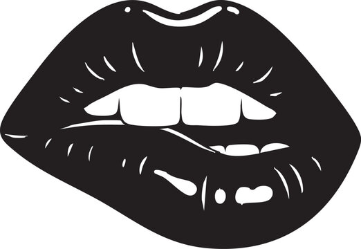 Seductive Lips Biting Illustration – Black and White Vector Art Symbolizing Flirtation, Sensuality, Passion, and Romantic Expression for Fashion or Design