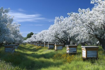 Beehives lined up in a flourishing orchard during springtime under clear blue skies